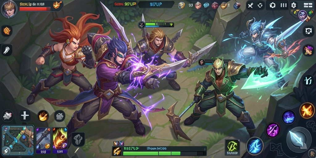 Gameplay seru dalam 987UP yang menampilkan pertarungan MOBA.