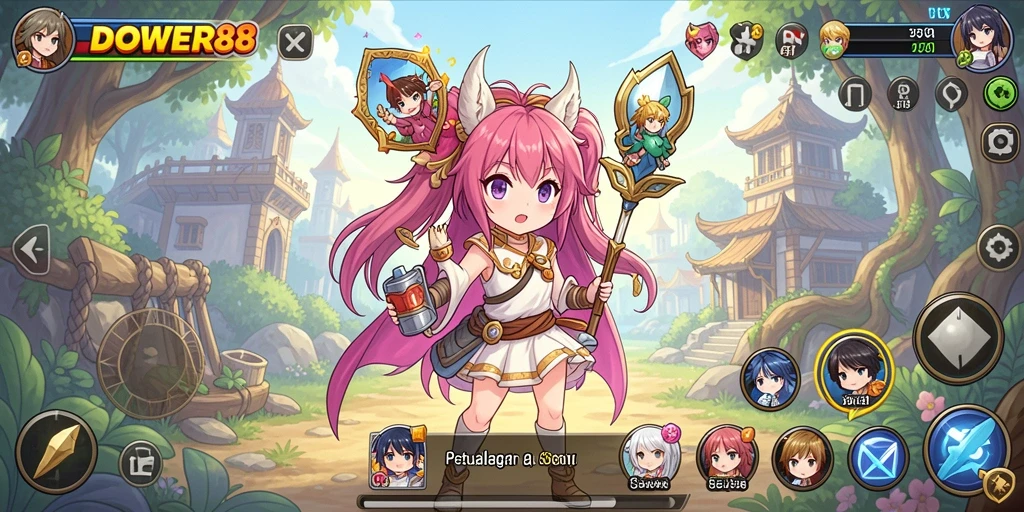 Tampilan gameplay DOWER88 dengan karakter anime yang dinamis dan aksi yang penuh warna.