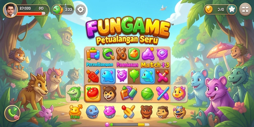 Tampilan gameplay seru FUNGame dengan item match-3 yang berwarna-warni.