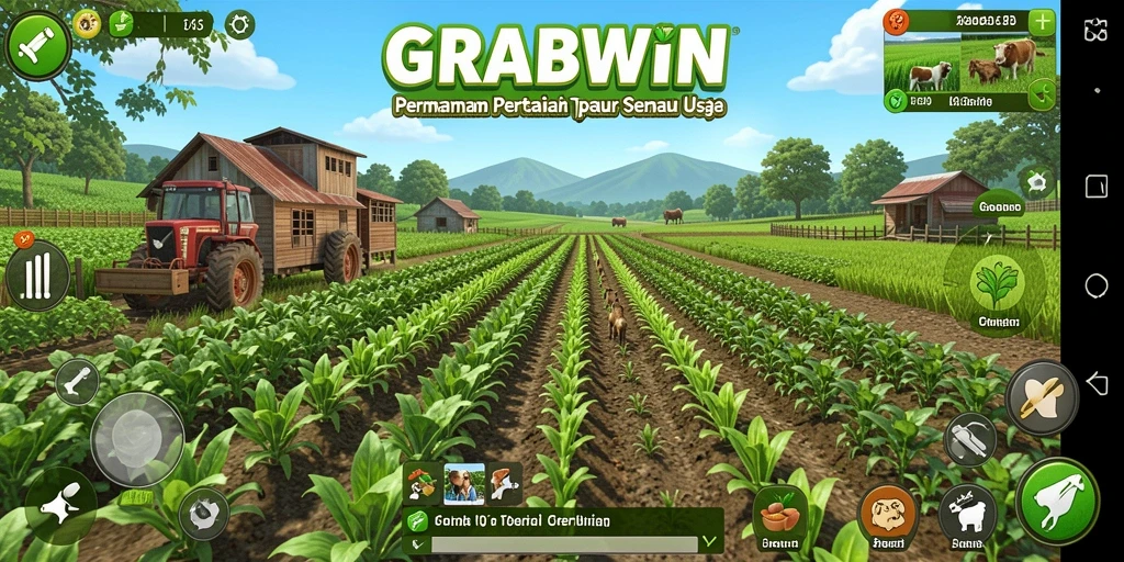 Tampilan gameplay GRABWIN yang menarik dan mendidik tentang pertanian.