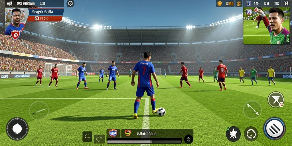 Screenshot gameplay HARAPJP yang menunjukkan aksi seru di lapangan sepak bola.
