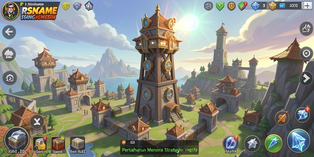 Screenshot gameplay RSNGAME dengan menara pertahanan melawan serangan musuh.