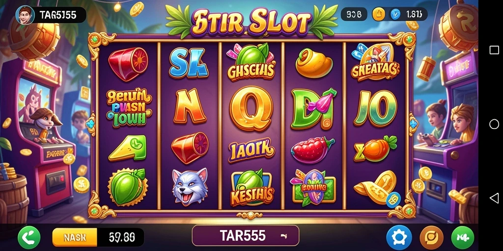 Screenshot TAR555 menampilkan gameplay slot yang menarik dan penuh warna.